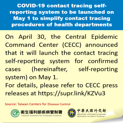 COVID-19 contact tracing self-reporting system to be launched on May 1 to simplify contact tracing procedures of health departments