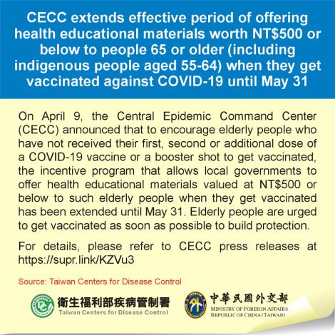 CECC extends effective period of offering health educational materials worth NT$500 or below to people 65 or older