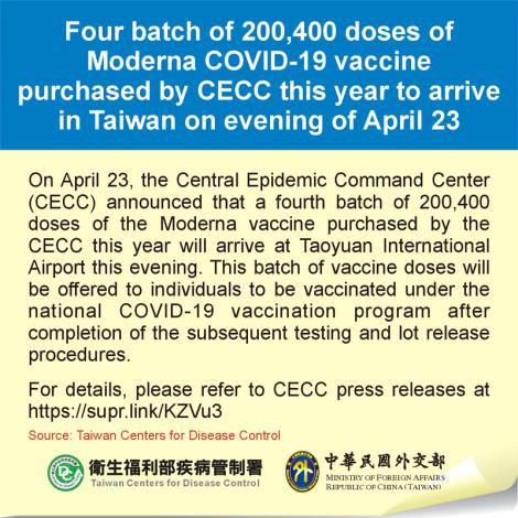 Four batch of 200,400 doses of Moderna COVID-19 vaccine purchased by CECC this year to arrive in Taiwan on evening of April 23