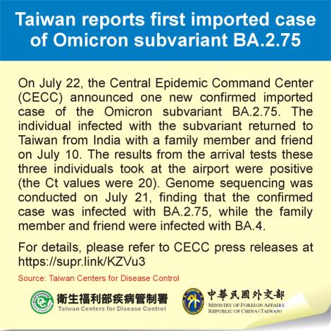Taiwan reports first imported case of Omicron subvariant BA.2.75