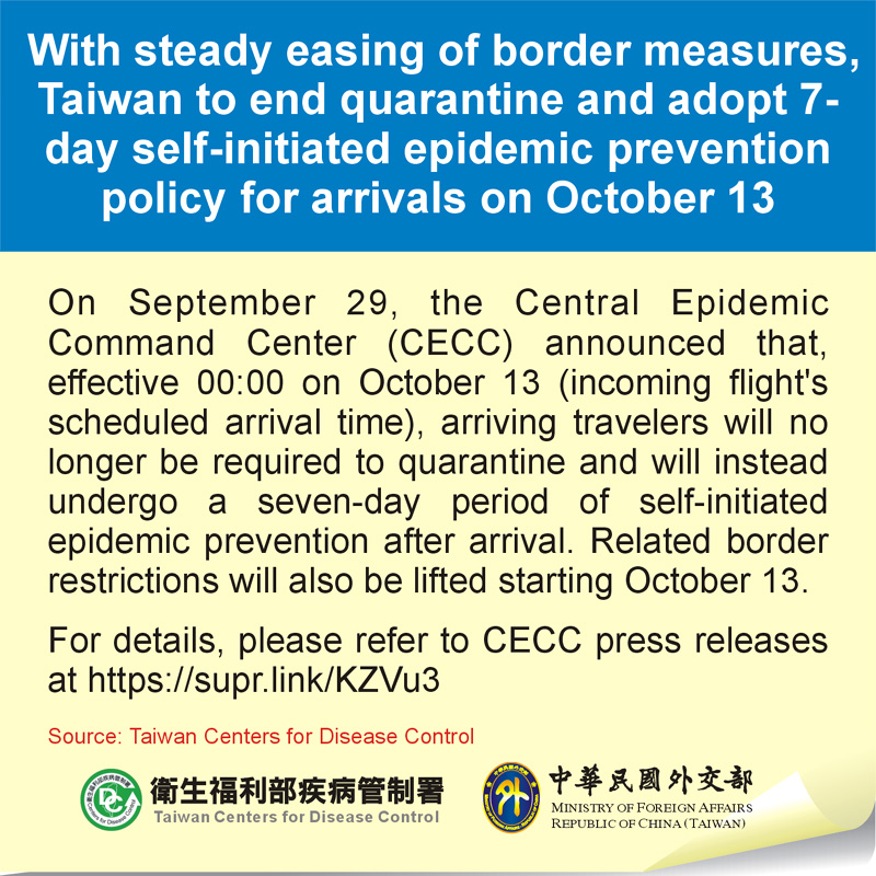 With steady easing of border measures, Taiwan to end quarantine and adopt 7-day self-initiated epidemic prevention policy for arrivals on October 13