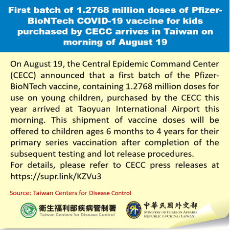 First batch of 1.2768 million doses of Pfizer-BioNTech COVID-19 vaccine for kids purchased by CECC arrives in Taiwan on morning of August 19