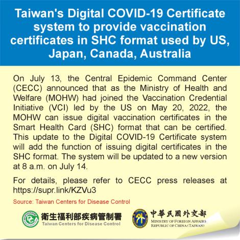 Taiwan's Digital COVID-19 Certificate system to provide vaccination certificates in SHC format used by US, Japan, Canada, Australia