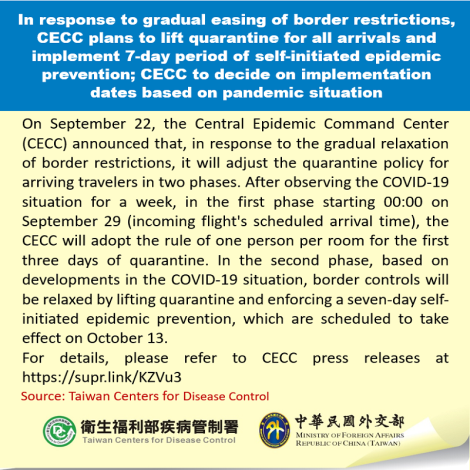In response to gradual easing of border restrictions, CECC plans to lift quarantine for all arrivals and implement 7-day