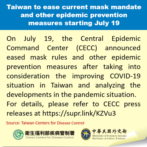 Taiwan to ease current mask mandate and other epidemic prevention measures starting July 19