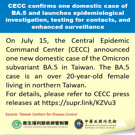 CECC confirms one domestic case of BA.5 and launches epidemiological investigation, testing for contacts, and enhanced surveillance
