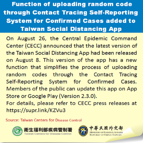 Function of uploading random code through Contact Tracing Self-Reporting System for Confirmed Cases added to Taiwan Social Distancing A