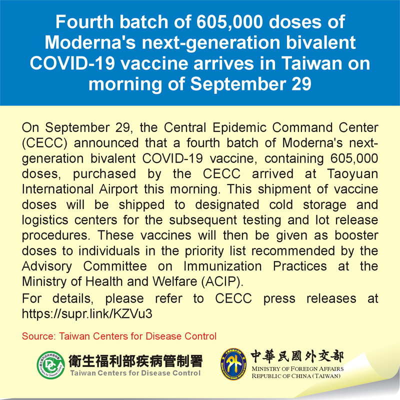 Fourth batch of 605,000 doses of Moderna's next-generation bivalent COVID-19 vaccine arrives in Taiwan on morning of September 29