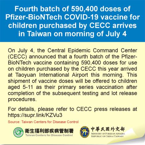 Fourth batch of 590,400 doses of Pfizer-BioNTech COVID-19 vaccine for children purchased by CECC arrives in Taiwan on morning of July 4