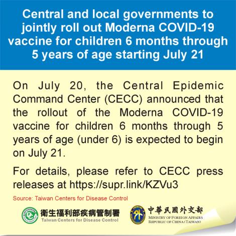 Central and local governments to jointly roll out Moderna COVID-19 vaccine for children 6 months through 5 years of age starting July 21