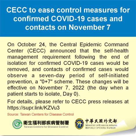 CECC to ease control measures for confirmed COVID-19 cases and contacts on November 7