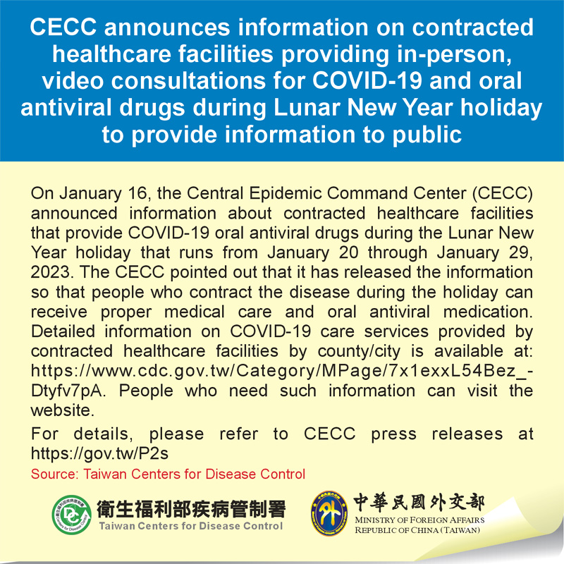 CECC announces information on contracted healthcare facilities providing in-person, video consultations for COVID-19 and oral antiviral drugs during Lunar New Year holiday to provide information to pub