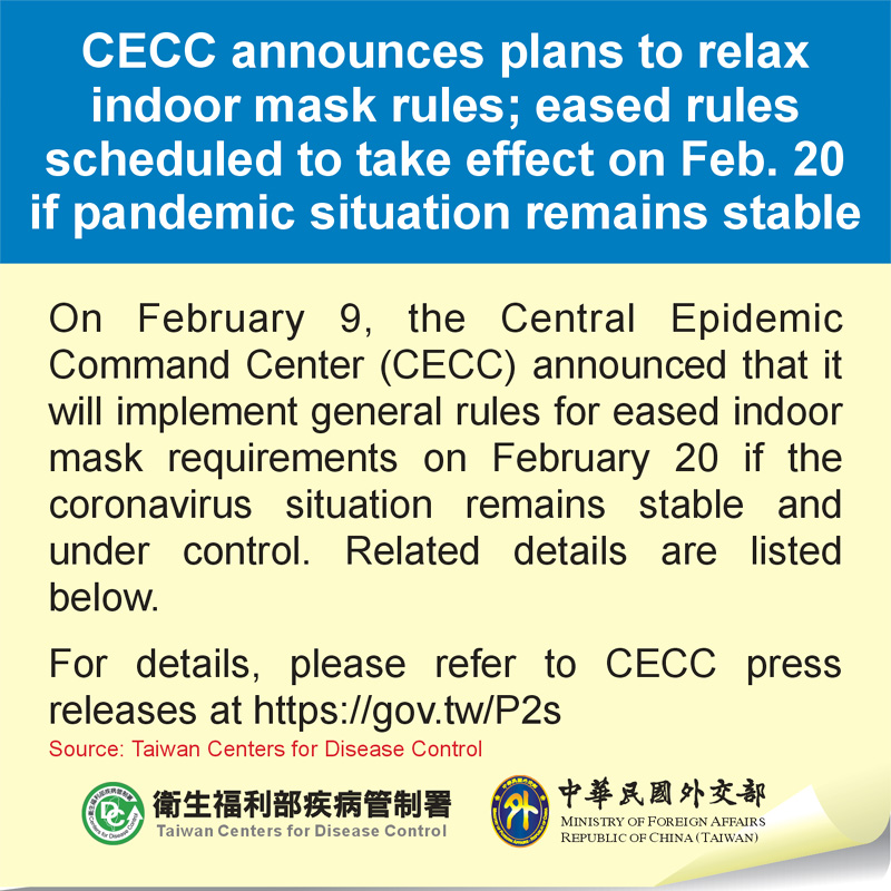 CECC announces plans to relax indoor mask rules; eased rules scheduled to take effect on Feb. 20 if pandemic situation remains stable