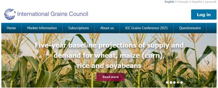 Page on the International Grains Council website concerning five-year baseline projections of supply and demand scenarios for the major grains